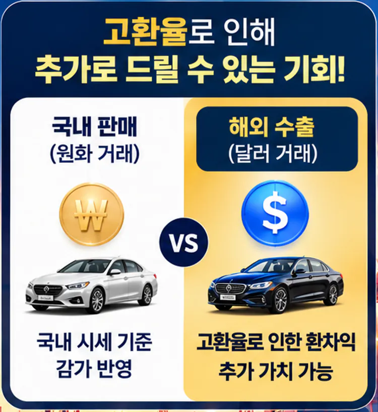 고환율로 인해 추가로 드릴 수 있는 기회! 국내 판매(원화 거래) 국내 시세 기준 감가 반영 VS 해외 수출(달러 거래) 고환율로 인한 환차익 추가 가치 가능