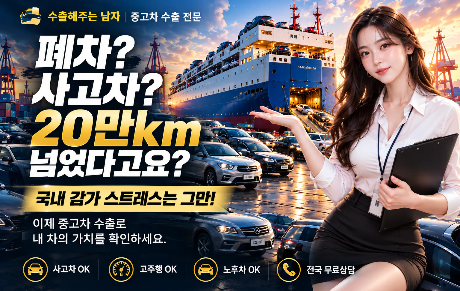 폐차? 사고차? 20만km 넘었다고요? 국내 감가 스트레스는 그만! 이제 중고차 수출로 내 차의 가치를 확인하세요. 사고차 OK, 고주행 OK, 노후차 OK, 전국 무료상담