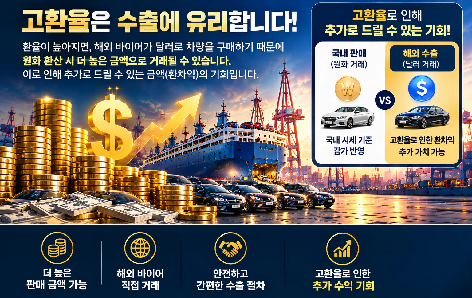 고환율은 수출에 유리합니다! 해외 바이어가 달러로 차량을 구매해 원화 환산 시 더 높은 금액으로 거래될 수 있습니다.