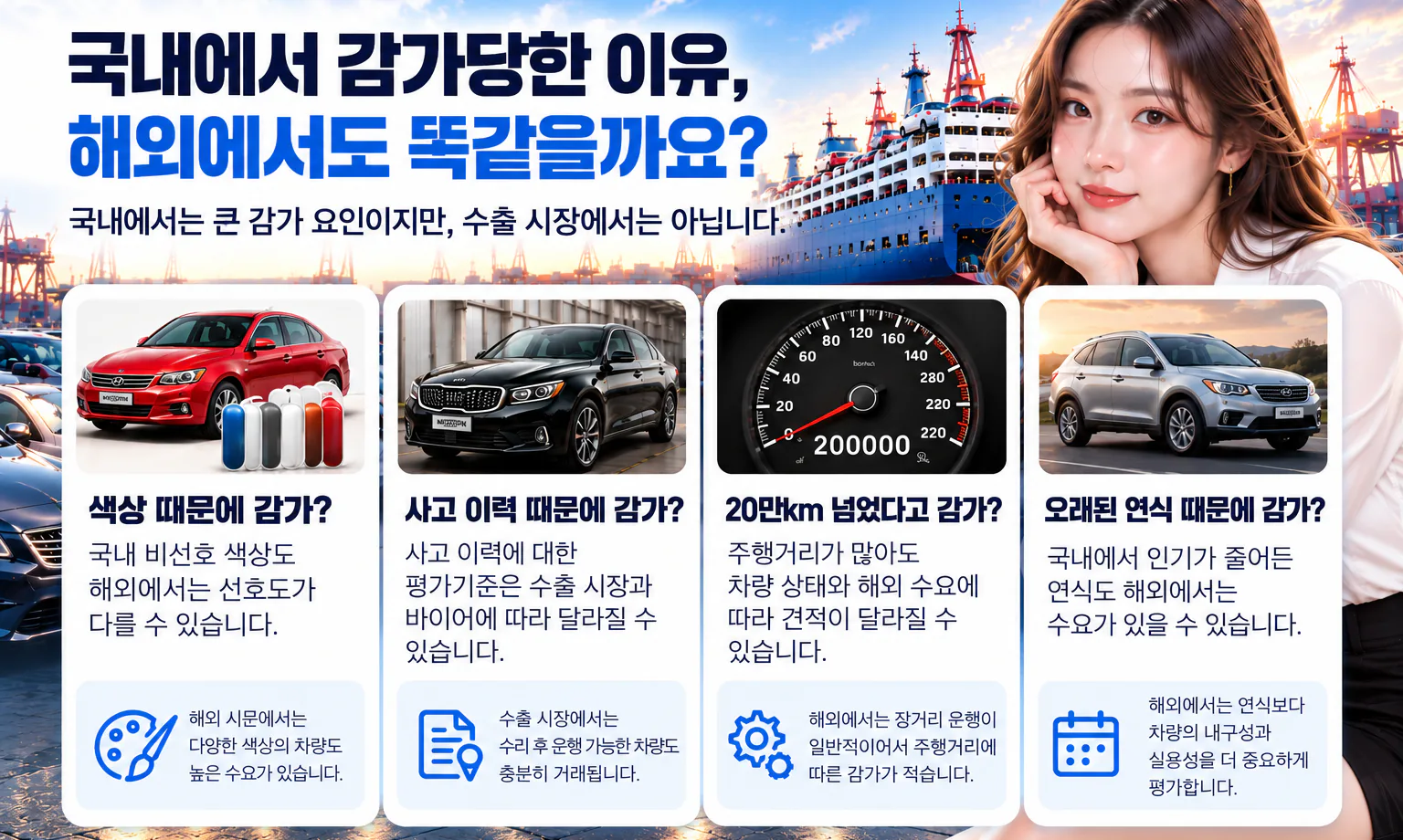 국내에서 감가당한 이유, 해외에서도 똑같을까요? 색상, 사고 이력, 20만km 주행, 오래된 연식 감가