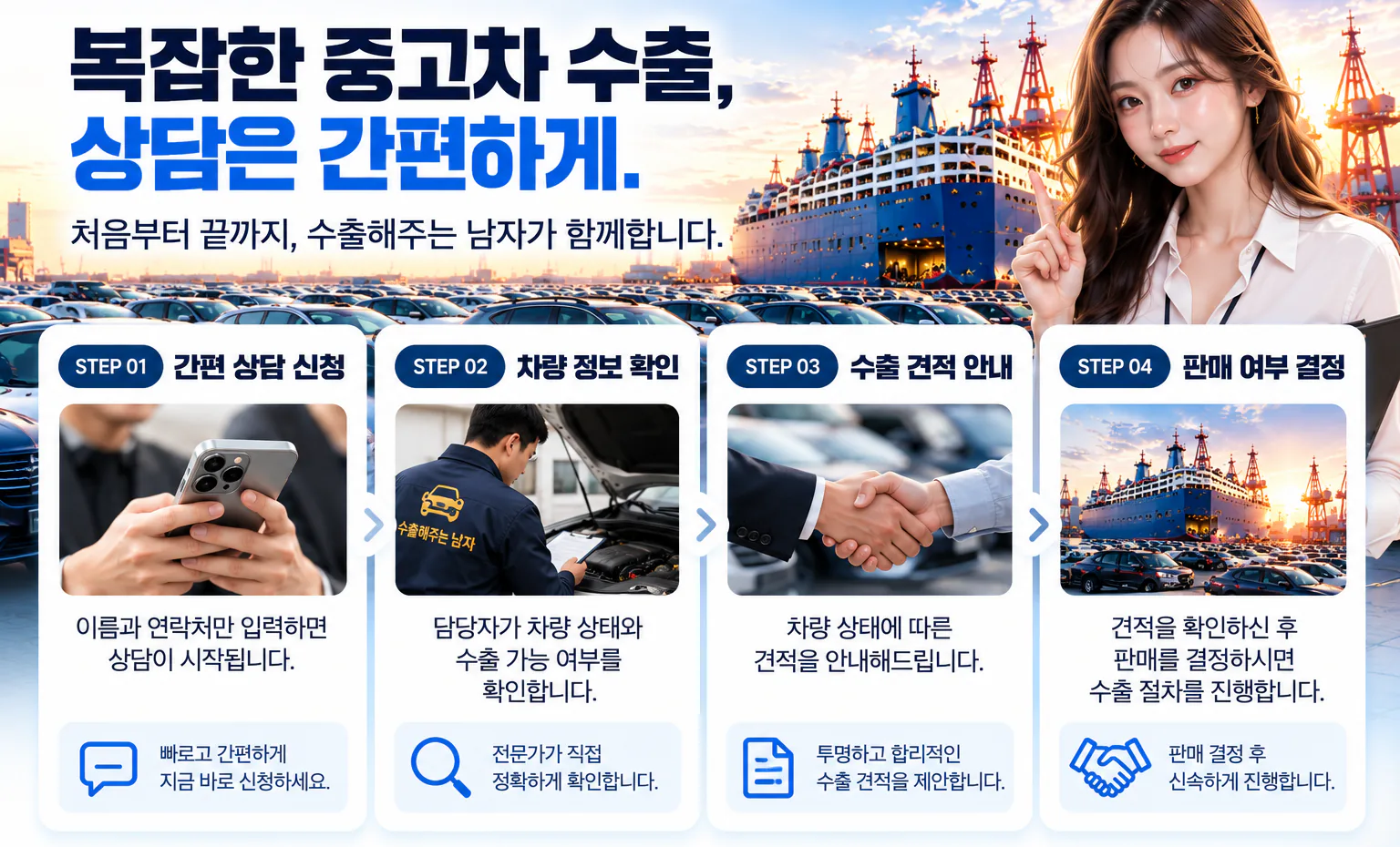 복잡한 중고차 수출, 상담은 간편하게. 간편 상담 신청, 차량 정보 확인, 수출 견적 안내, 판매 여부 결정